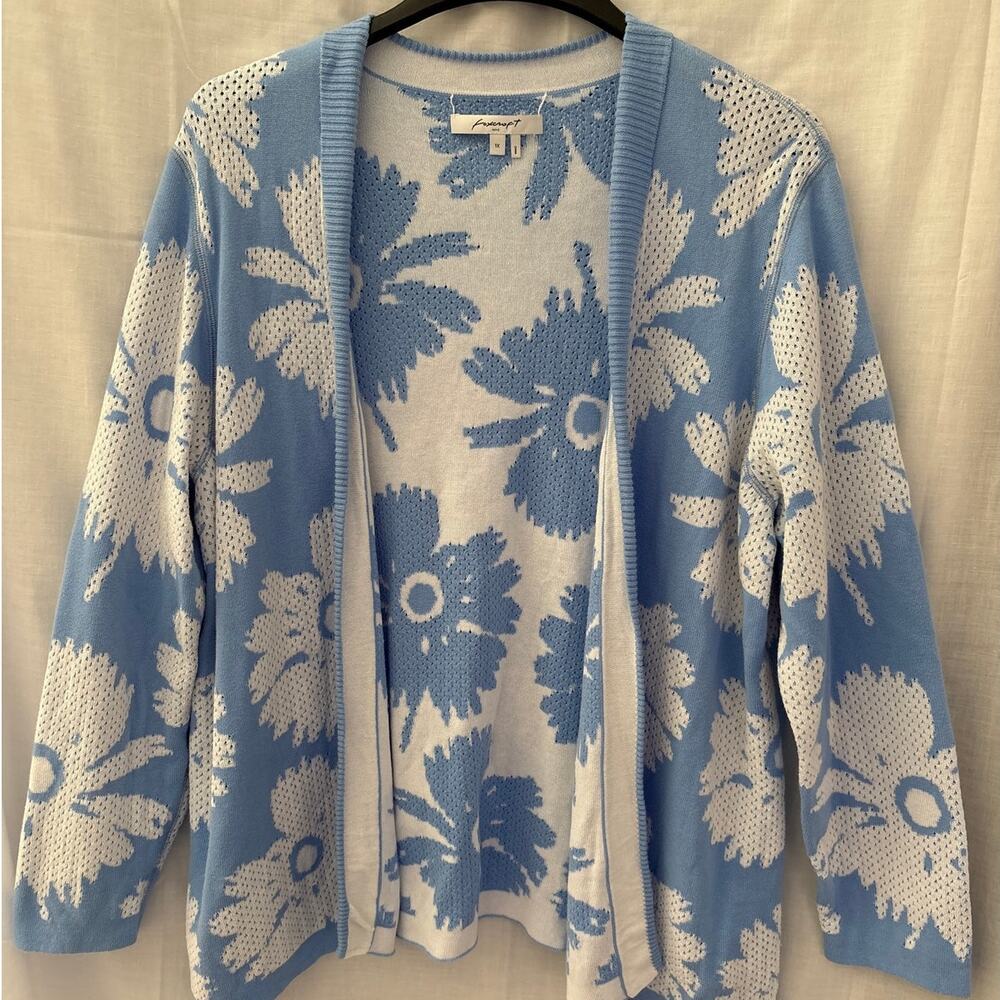 Foxcroft NYC Women's Cardigan Sweater Plus Size 1X Blue/ White Floral Open Front